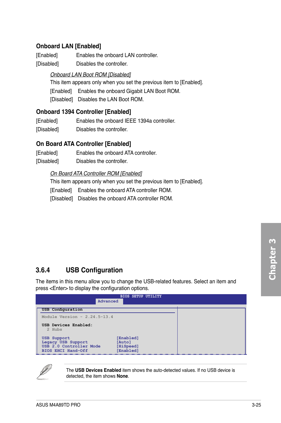 Chapter 3, 4 usb configuration, Onboard lan [enabled | Onboard 1394 controller [enabled, On board ata controller [enabled | Asus M4A89TD PRO/USB3 User Manual | Page 81 / 120