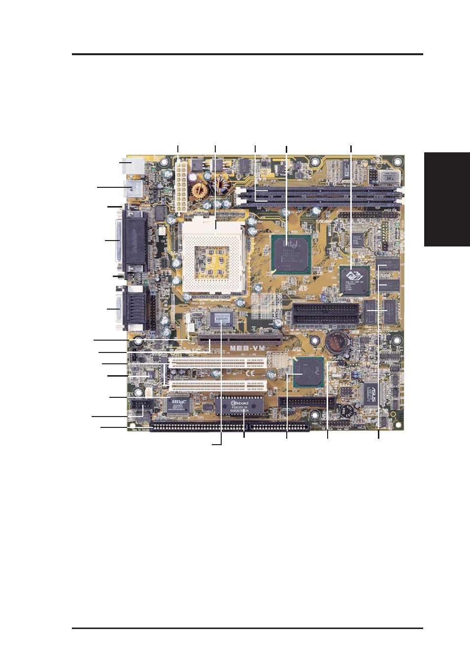 Ii. features, Parts of the asus meb-vm motherboard, Asus meb-vm user’s manual 11 | Ii. fea tures motherboard parts | Asus MEB-VM User Manual | Page 11 / 80