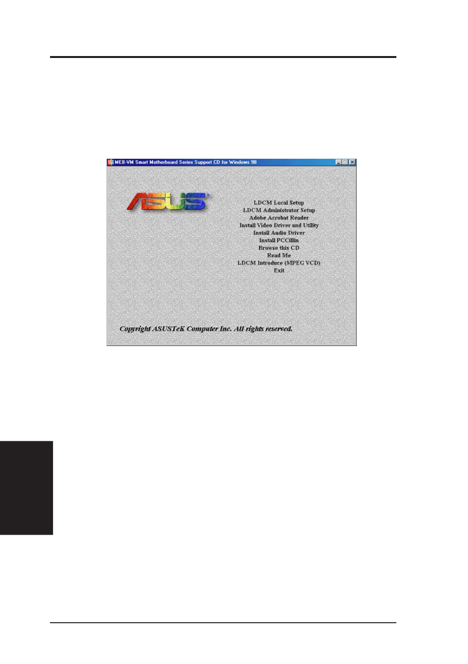 V. software setup, Meb-vm support cd, Support cd autorun menu | Asus MEB-VM User Manual | Page 60 / 80