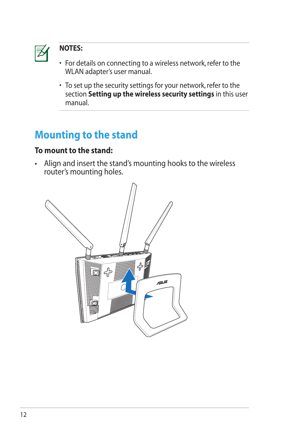 Mounting to the stand | Asus RT-AC66U User Manual | Page 12 / 70