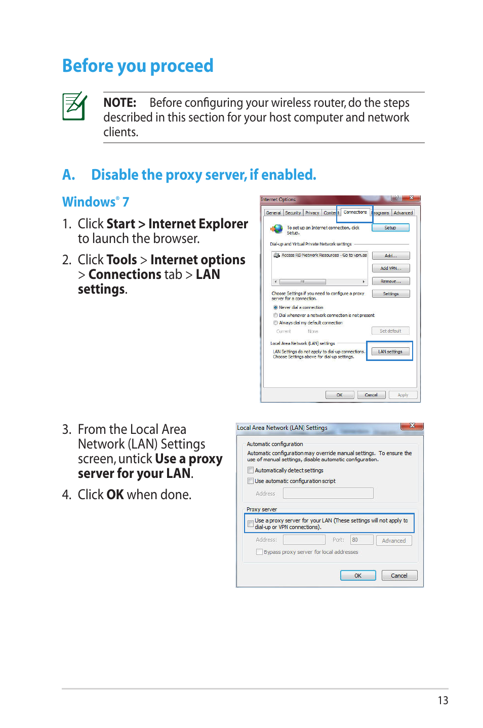 Before you proceed, A. disable the proxy server, if enabled | Asus RT-AC66U User Manual | Page 13 / 70