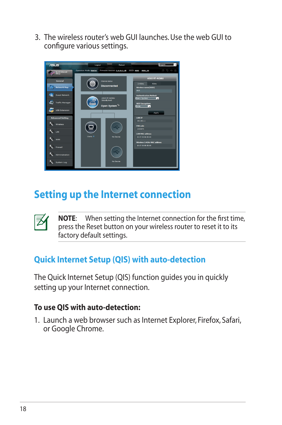 Setting up the internet connection, Quick internet setup (qis) with auto-detection | Asus RT-AC66U User Manual | Page 18 / 70