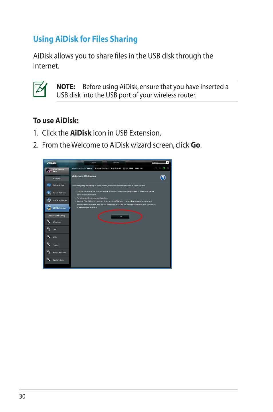 Using aidisk for files sharing | Asus RT-AC66U User Manual | Page 30 / 70
