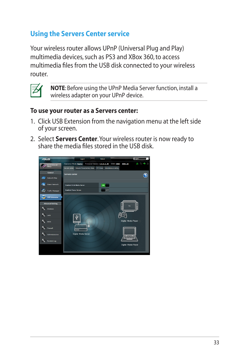 Using the servers center service | Asus RT-AC66U User Manual | Page 33 / 70