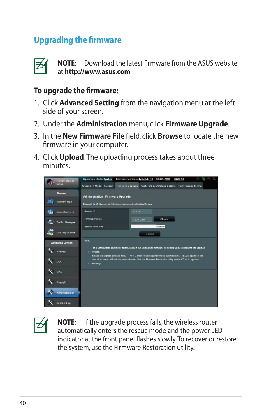 Upgrading the firmware | Asus RT-AC66U User Manual | Page 40 / 70