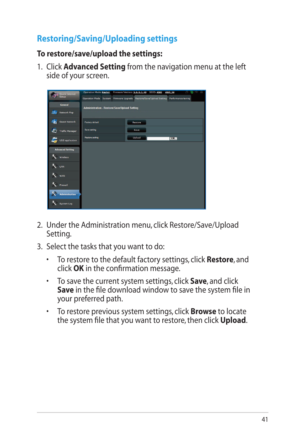 Restoring/saving/uploading settings | Asus RT-AC66U User Manual | Page 41 / 70