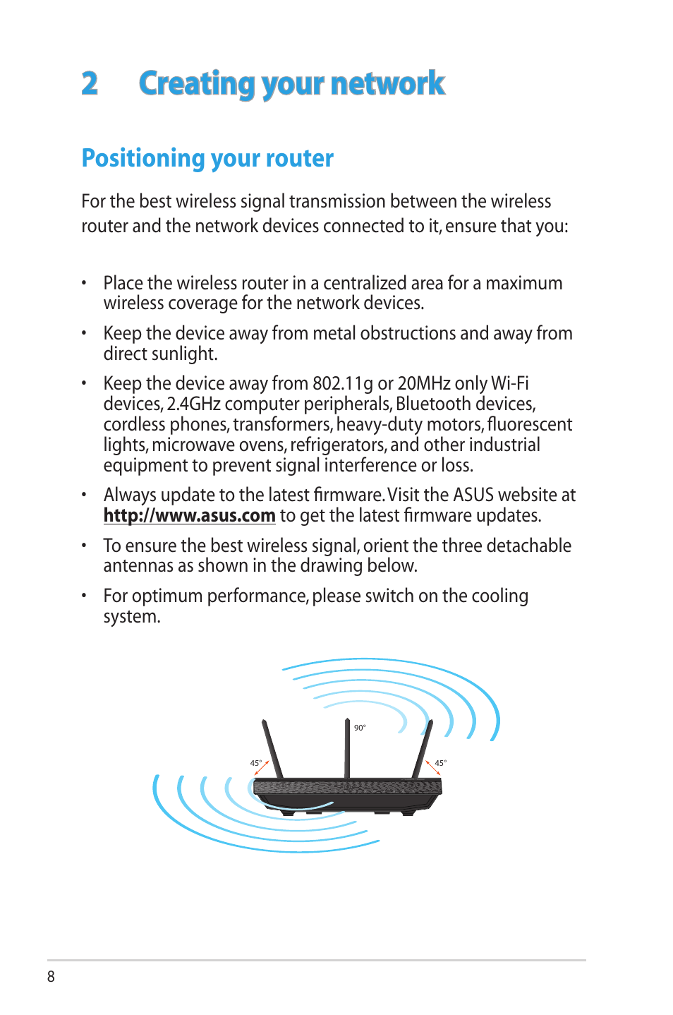 2 creating your network, Positioning your router | Asus RT-AC66U User Manual | Page 8 / 70