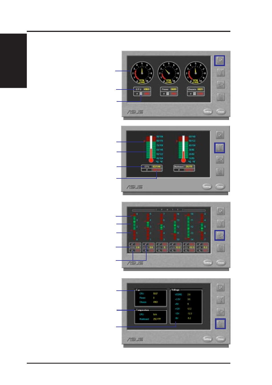 A. pc probe utility, Using the asus pc probe, Fan rotation status pc temperature status | Pc voltage status, Pc status summary | Asus P2L-N User Manual | Page 60 / 120