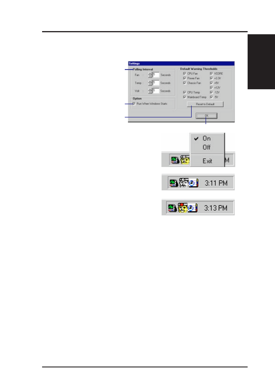 A. pc probe utility, Pc probe settings | Asus P2L-N User Manual | Page 61 / 120