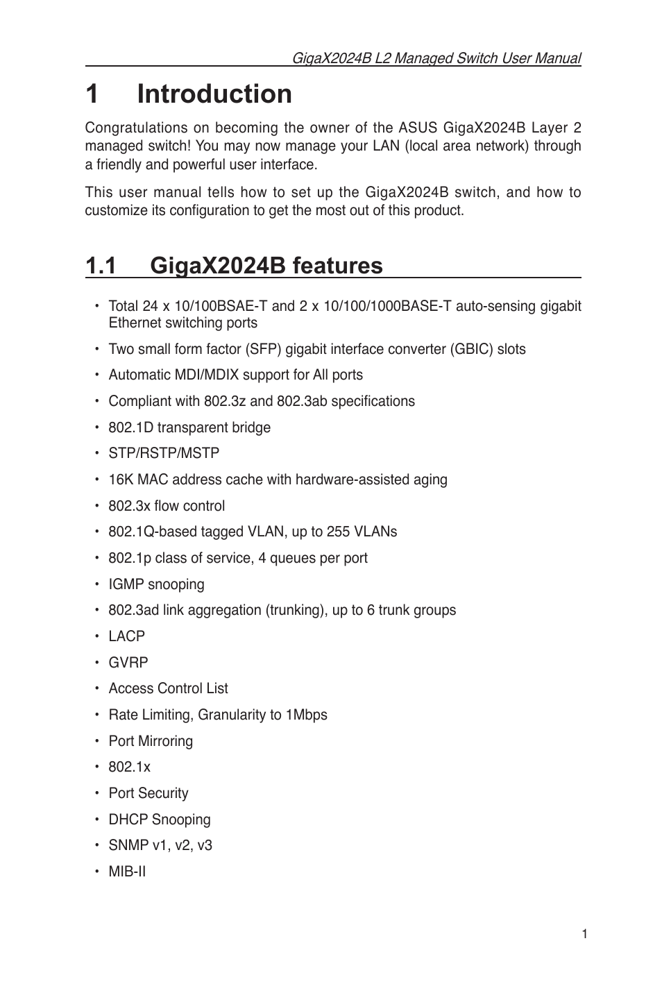 1 introduction, 1 gigax2024b features | Asus GigaX2024B User Manual | Page 13 / 102