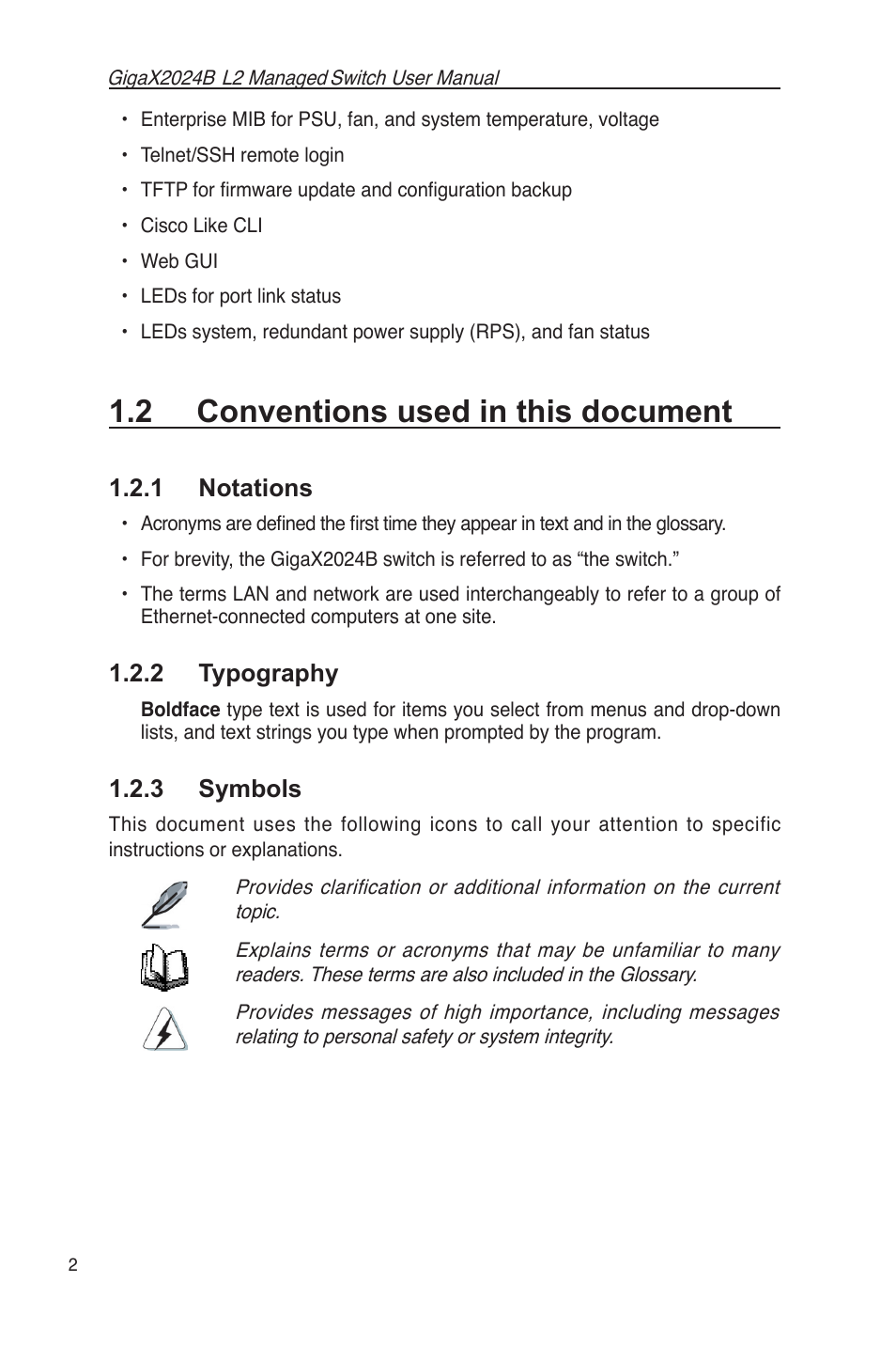 2 conventions used in this document, 1 notations 1.2.2 typography 1.2.3 symbols, 1 notations | 2 typography, 3 symbols | Asus GigaX2024B User Manual | Page 14 / 102