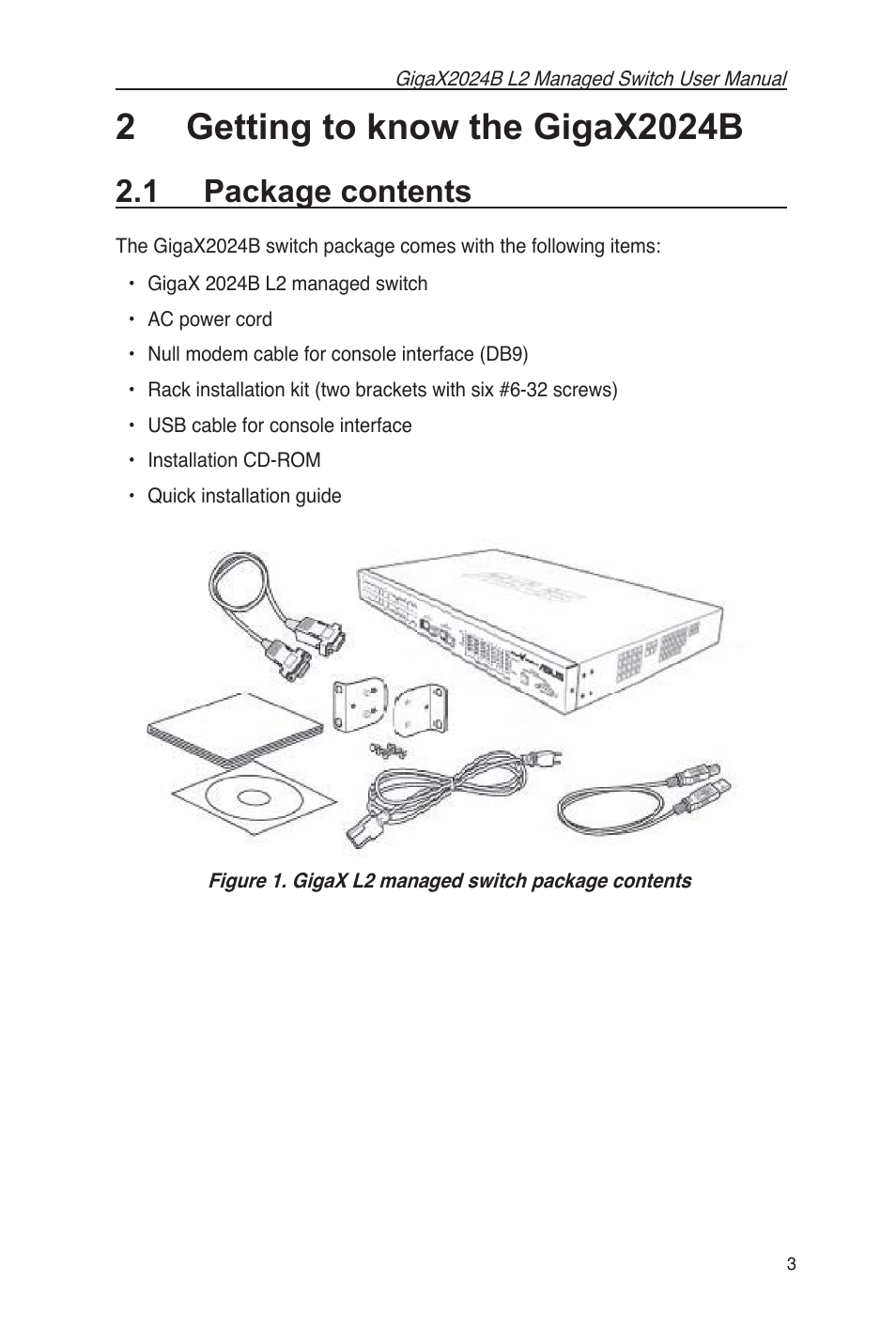 2 getting to know the gigax2024b, 1 package contents | Asus GigaX2024B User Manual | Page 15 / 102