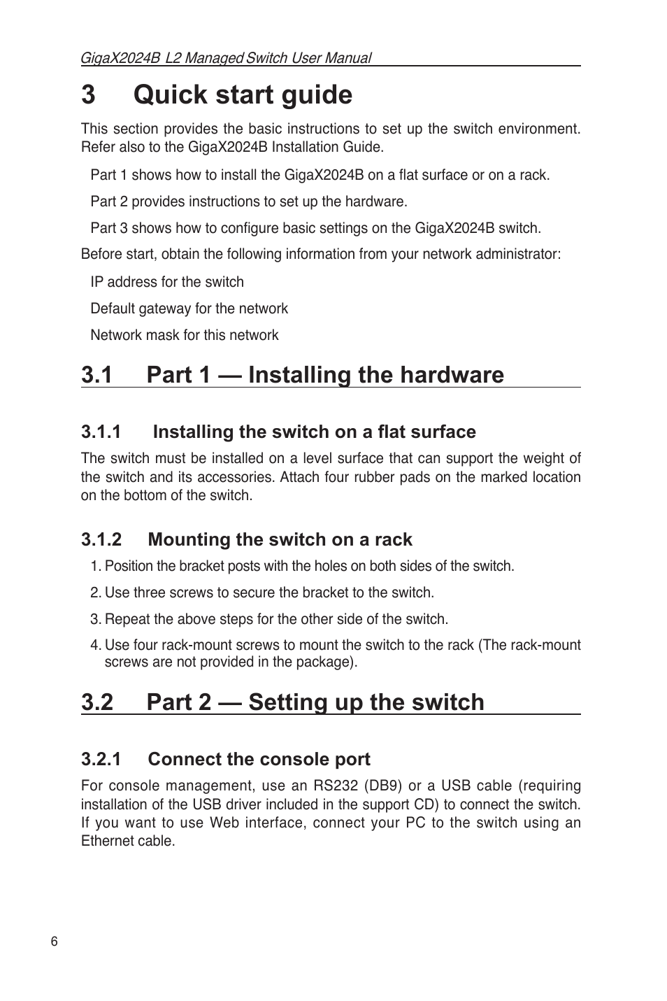 3 quick start guide, 1 part 1 — installing the hardware, 2 part 2 — setting up the switch | 1 connect the console port | Asus GigaX2024B User Manual | Page 18 / 102