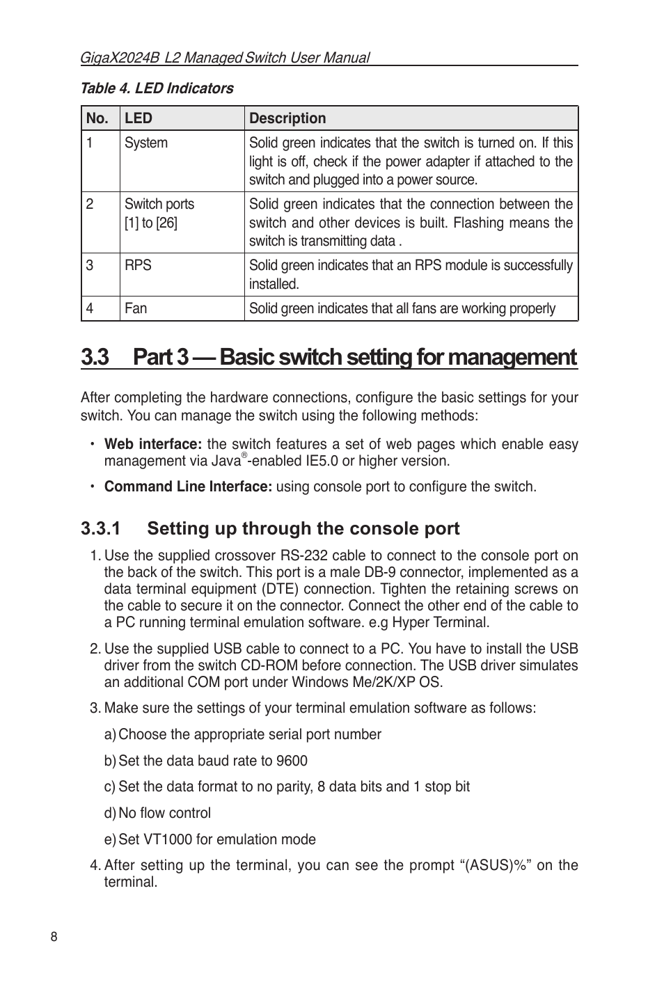 3 part 3 — basic switch setting for management, 1 setting up through the console port | Asus GigaX2024B User Manual | Page 20 / 102