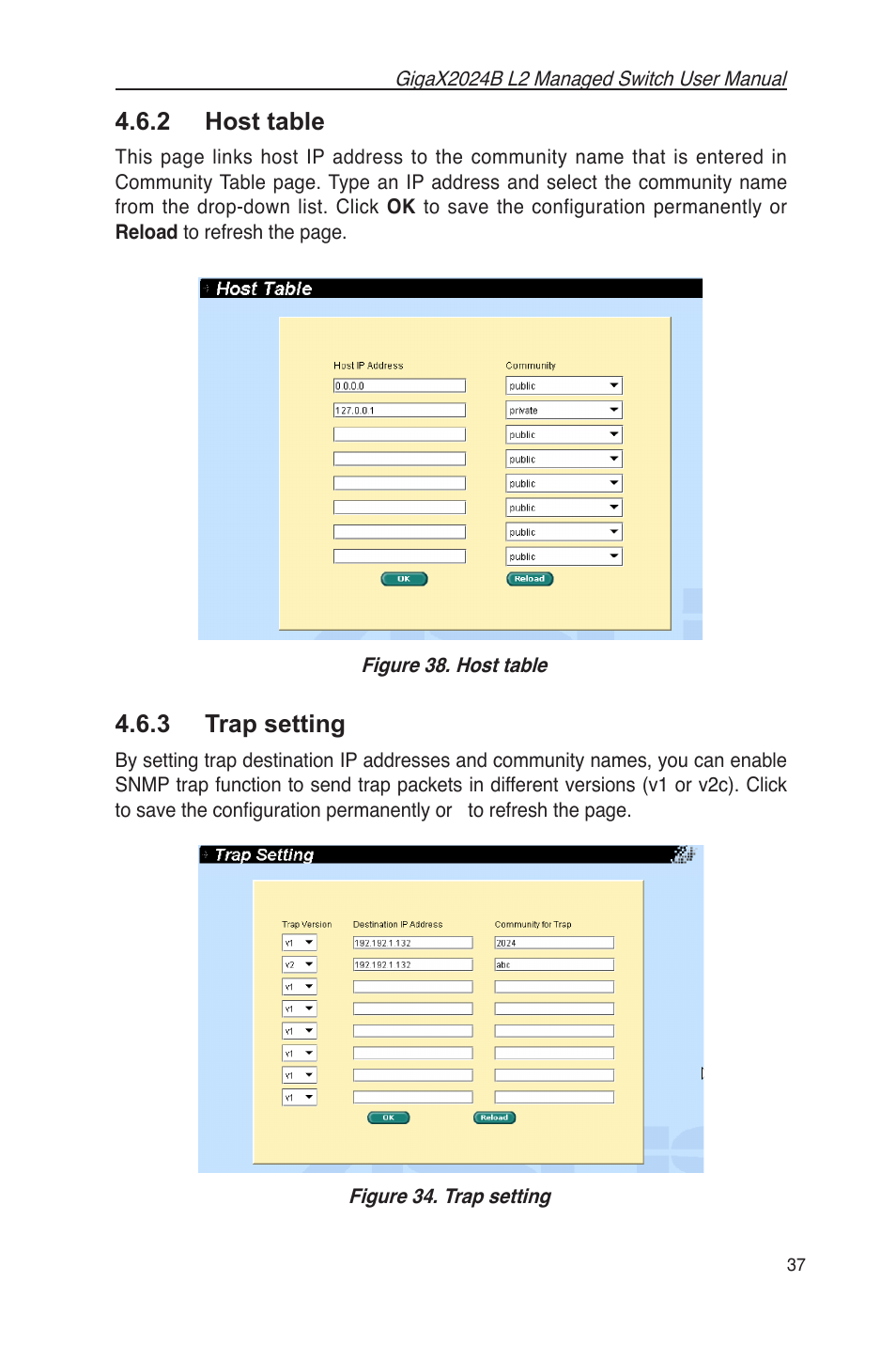 2 host table, 3 trap setting | Asus GigaX2024B User Manual | Page 49 / 102