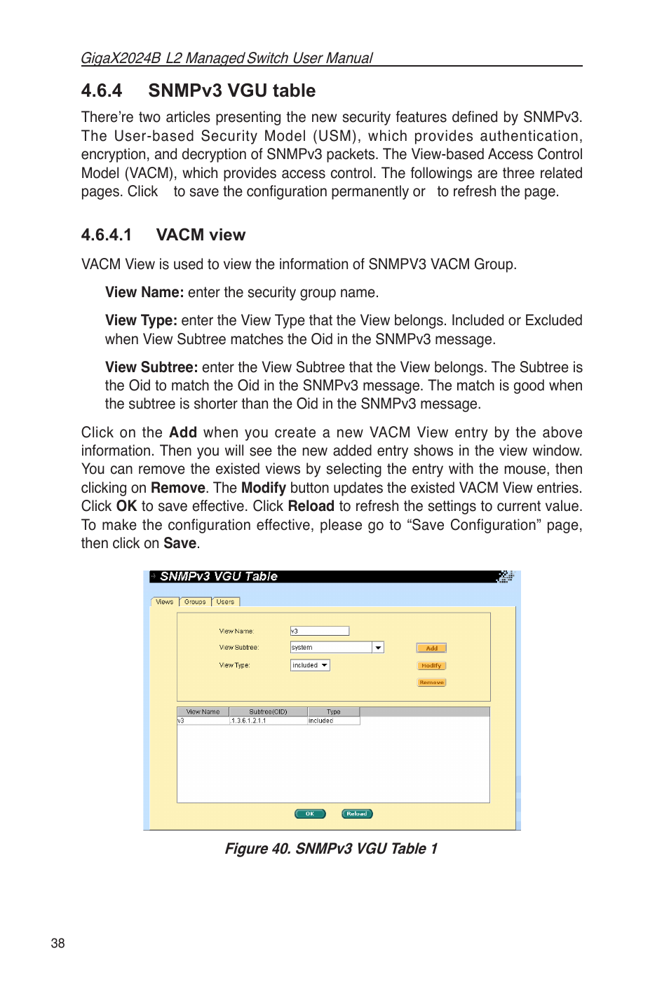 4 snmpv3 vgu table, 1 vacm view | Asus GigaX2024B User Manual | Page 50 / 102
