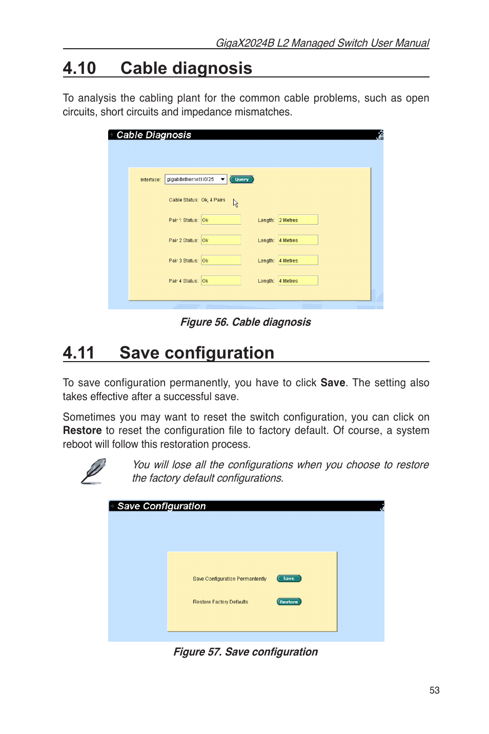 10 cable diagnosis 4.11 save conﬁguration, 10 cable diagnosis, 11 save conﬁguration | Asus GigaX2024B User Manual | Page 65 / 102