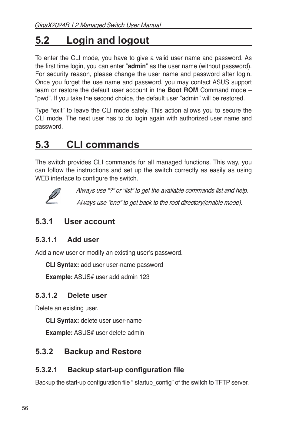 2 login and logout 5.3 cli commands, 1 user account, 1 add user | 2 delete user, 2 backup and restore, 1 backup start-up conﬁguration ﬁle, 2 login and logout, 3 cli commands | Asus GigaX2024B User Manual | Page 68 / 102