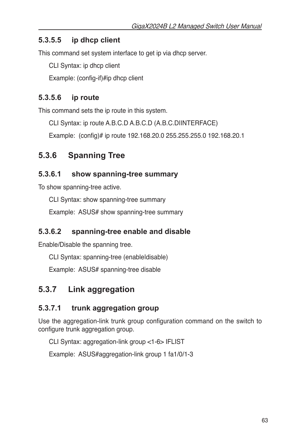 5 ip dhcp client 5.3.5.6 ip route, 6 spanning tree, 7 link aggregation | 1 trunk aggregation group | Asus GigaX2024B User Manual | Page 75 / 102