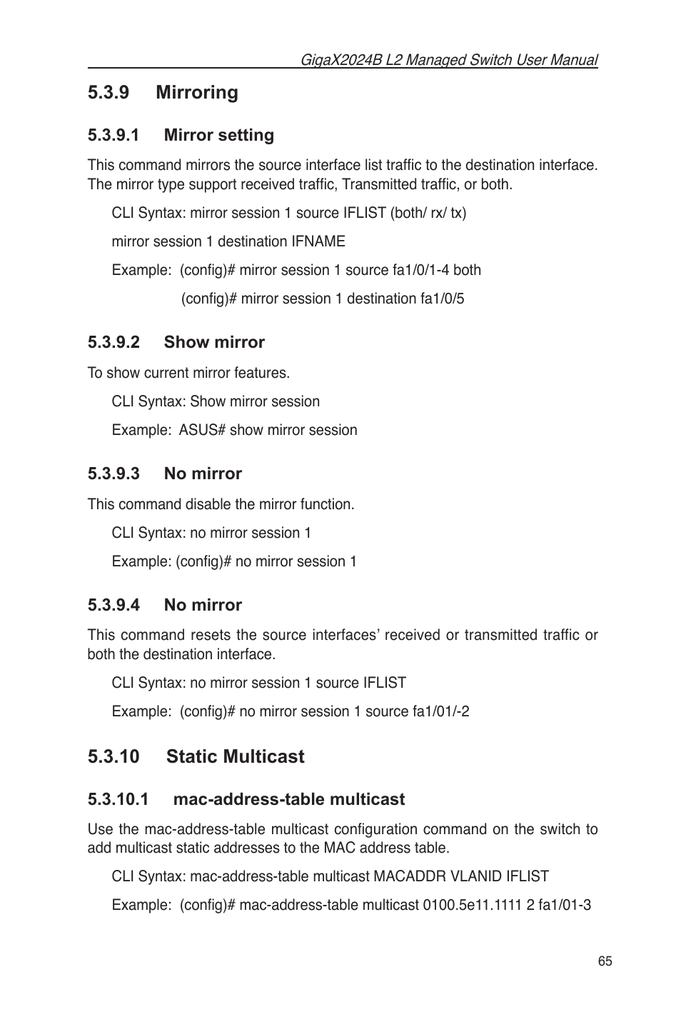 9 mirroring, 10 static multicast, 1 mac-address-table multicast | Asus GigaX2024B User Manual | Page 77 / 102