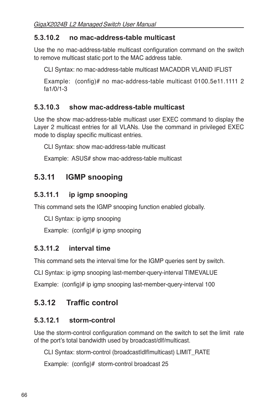 11 igmp snooping, 1 ip igmp snooping 5.3.11.2 interval time, 12 trafﬁc control | 1 storm-control | Asus GigaX2024B User Manual | Page 78 / 102