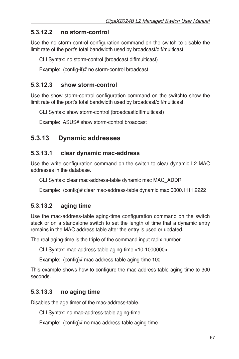 2 no storm-control 5.3.12.3 show storm-control, 13 dynamic addresses | Asus GigaX2024B User Manual | Page 79 / 102