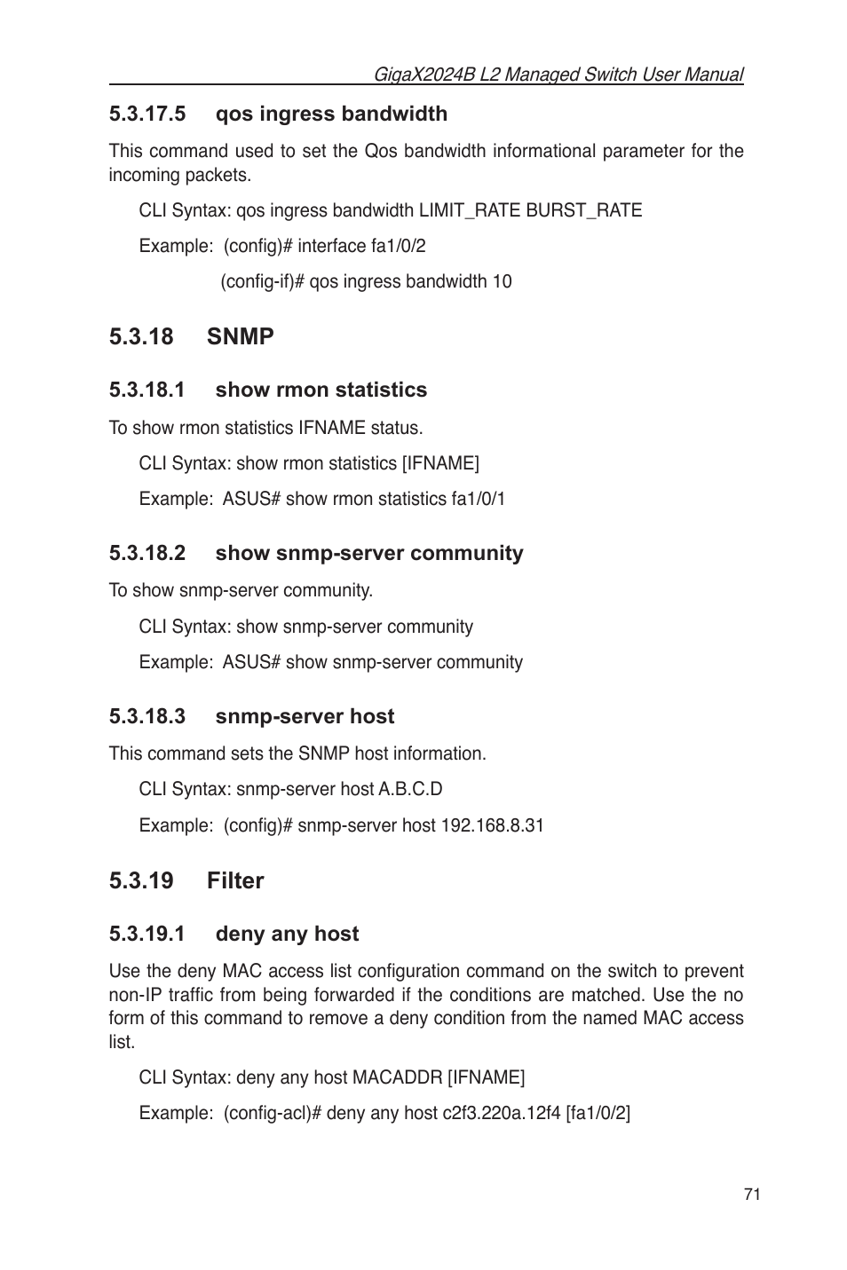 5 qos ingress bandwidth, 18 snmp, 19 filter | 1 deny any host | Asus GigaX2024B User Manual | Page 83 / 102