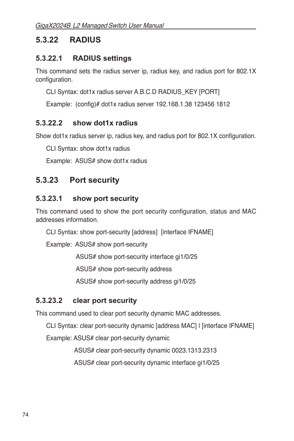 22 radius, 1 radius settings 5.3.22.2 show dot1x radius, 23 port security | 1 show port security 5.3.23.2 clear port security | Asus GigaX2024B User Manual | Page 86 / 102