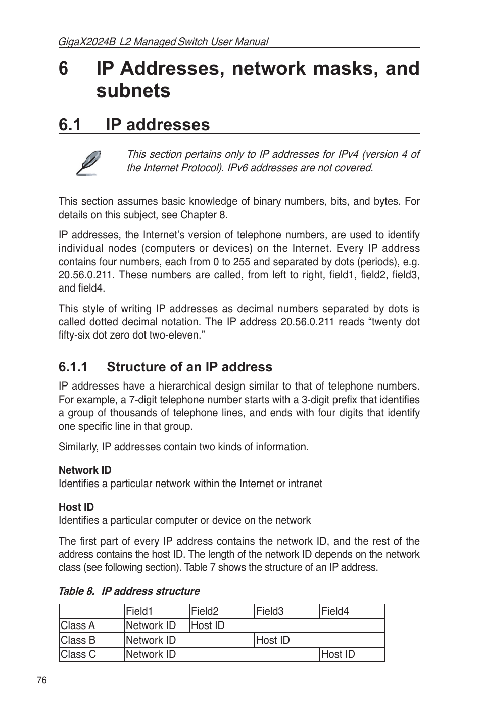 6 ip addresses, network masks, and subnets, 1 ip addresses, 1 structure of an ip address | Asus GigaX2024B User Manual | Page 88 / 102