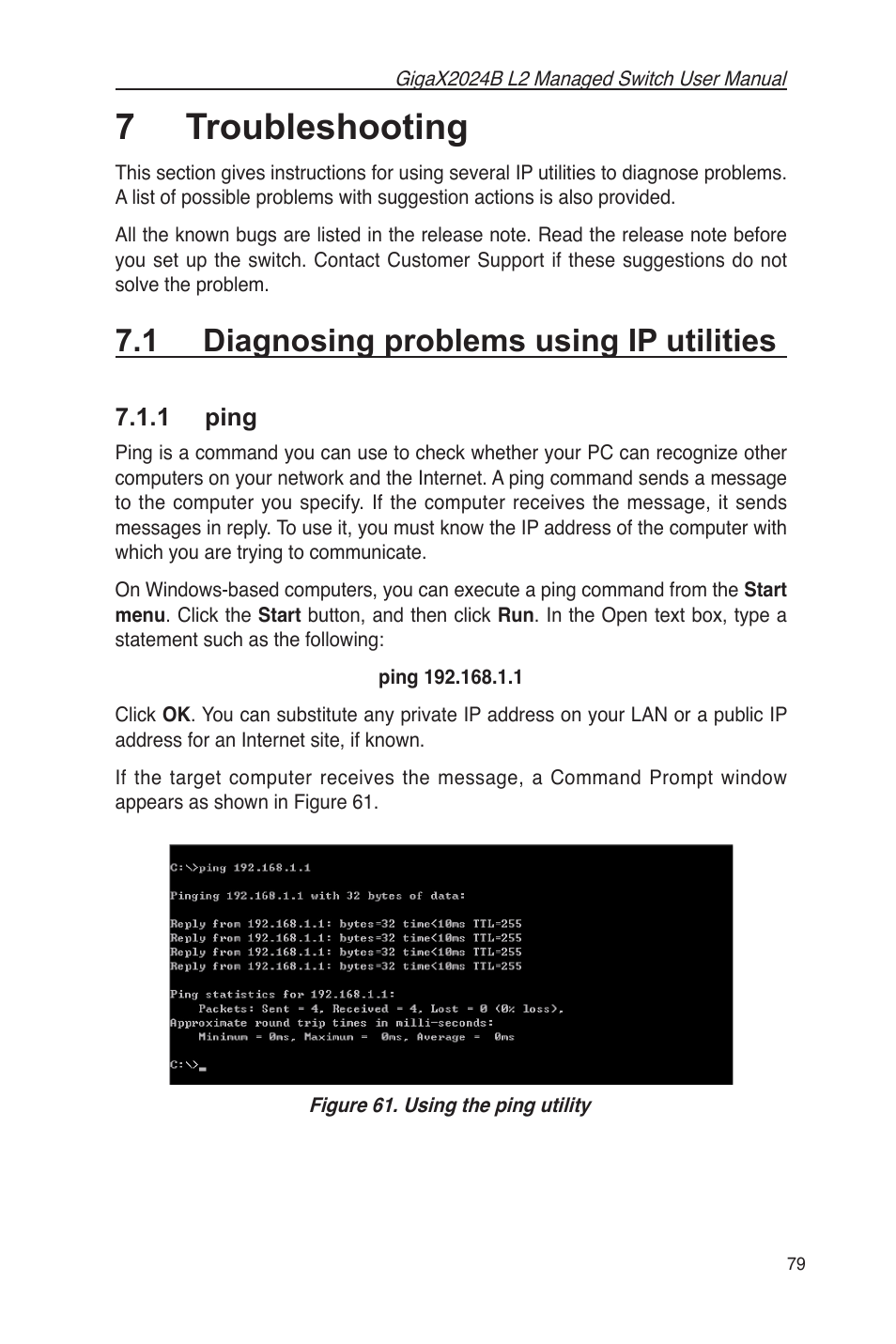 7 troubleshooting, 1 diagnosing problems using ip utilities, 1 ping | Asus GigaX2024B User Manual | Page 91 / 102