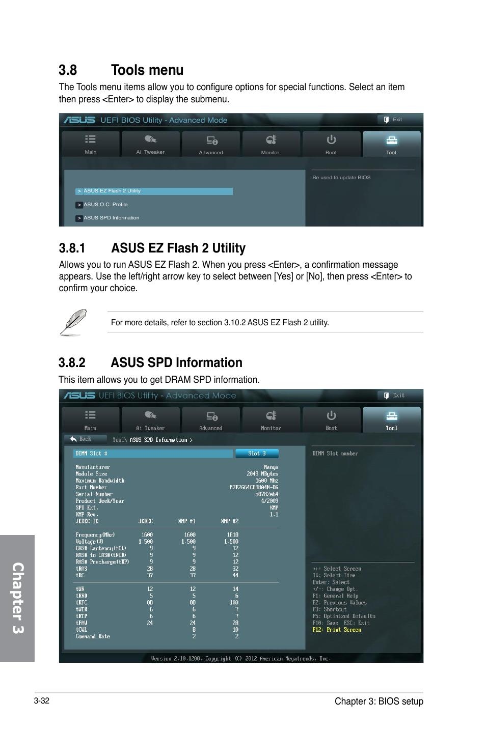 8 tools menu, 1 asus ez flash 2 utility, 2 asus spd information | Tools menu -32 3.8.1, Asus ez flash 2 utility -32, Asus spd information -32, Chapter 3 | Asus M5A99FX PRO R2.0 User Manual | Page 104 / 178