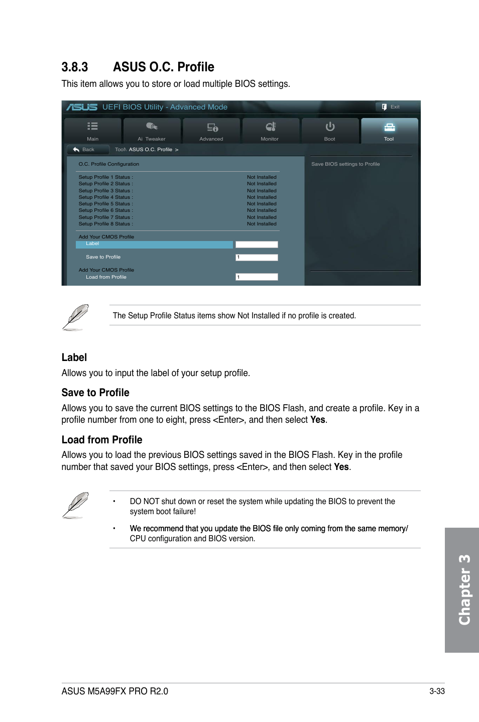 3 asus o.c. profile, Asus o.c. profile -33, Chapter 3 | Label, Save to profile, Load from profile | Asus M5A99FX PRO R2.0 User Manual | Page 105 / 178