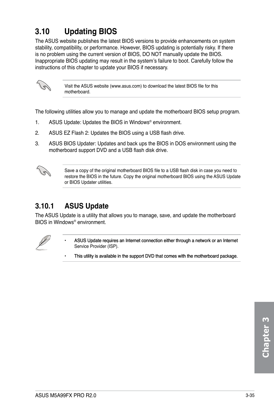 10 updating bios, 1 asus update, Updating bios -35 3.10.1 | Asus update -35, Chapter 3 3.10 updating bios | Asus M5A99FX PRO R2.0 User Manual | Page 107 / 178