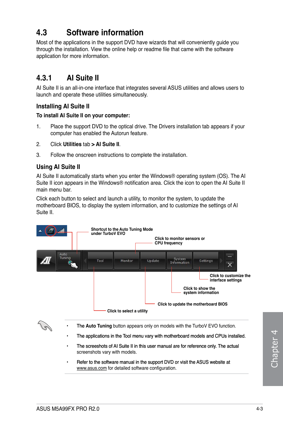 3 software information, 1 ai suite ii, Software information -3 4.3.1 | Ai suite ii -3, Chapter 4 4.3 software information | Asus M5A99FX PRO R2.0 User Manual | Page 117 / 178