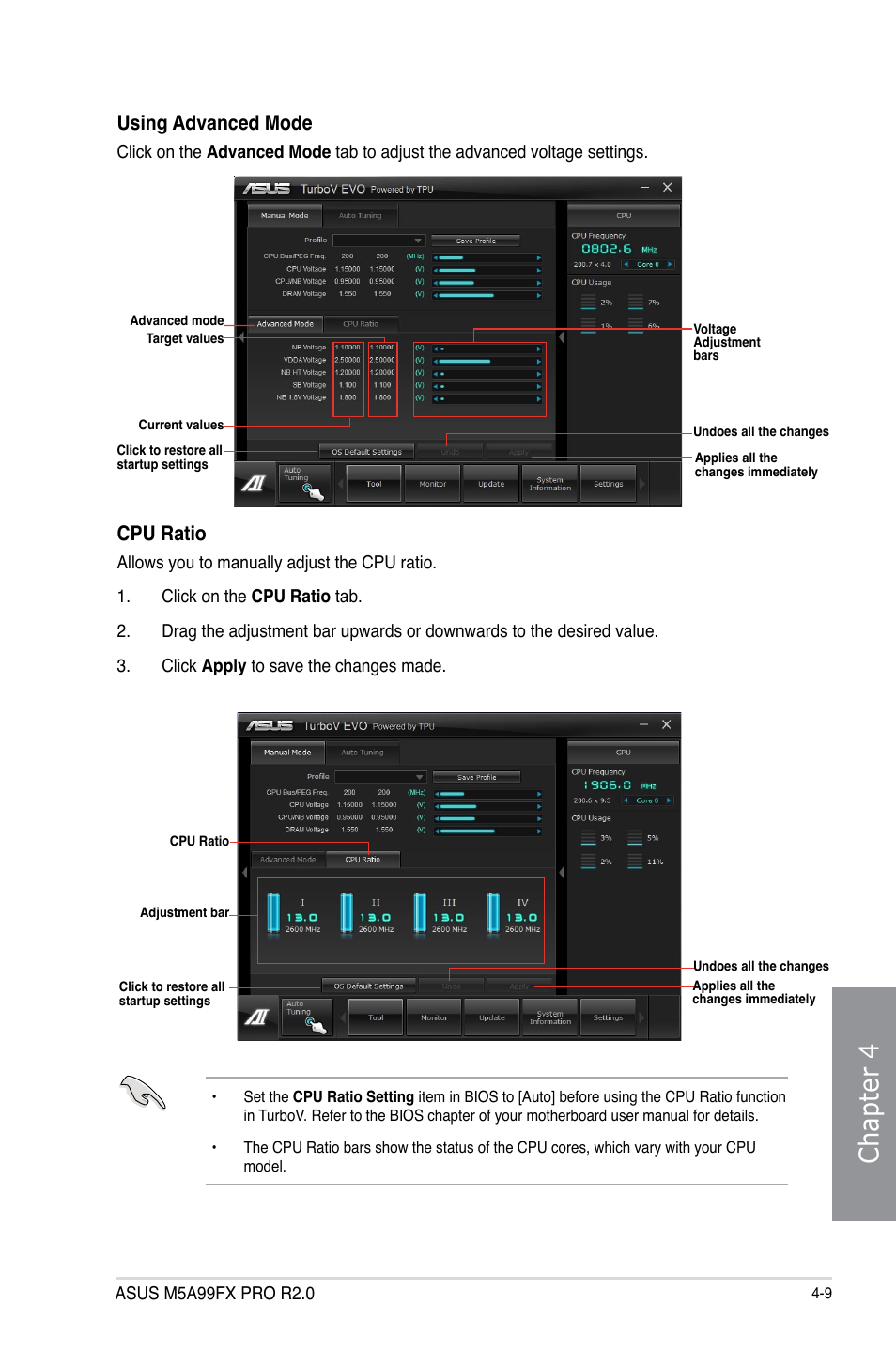 Chapter 4, Using advanced mode, Cpu ratio | Asus M5A99FX PRO R2.0 User Manual | Page 123 / 178