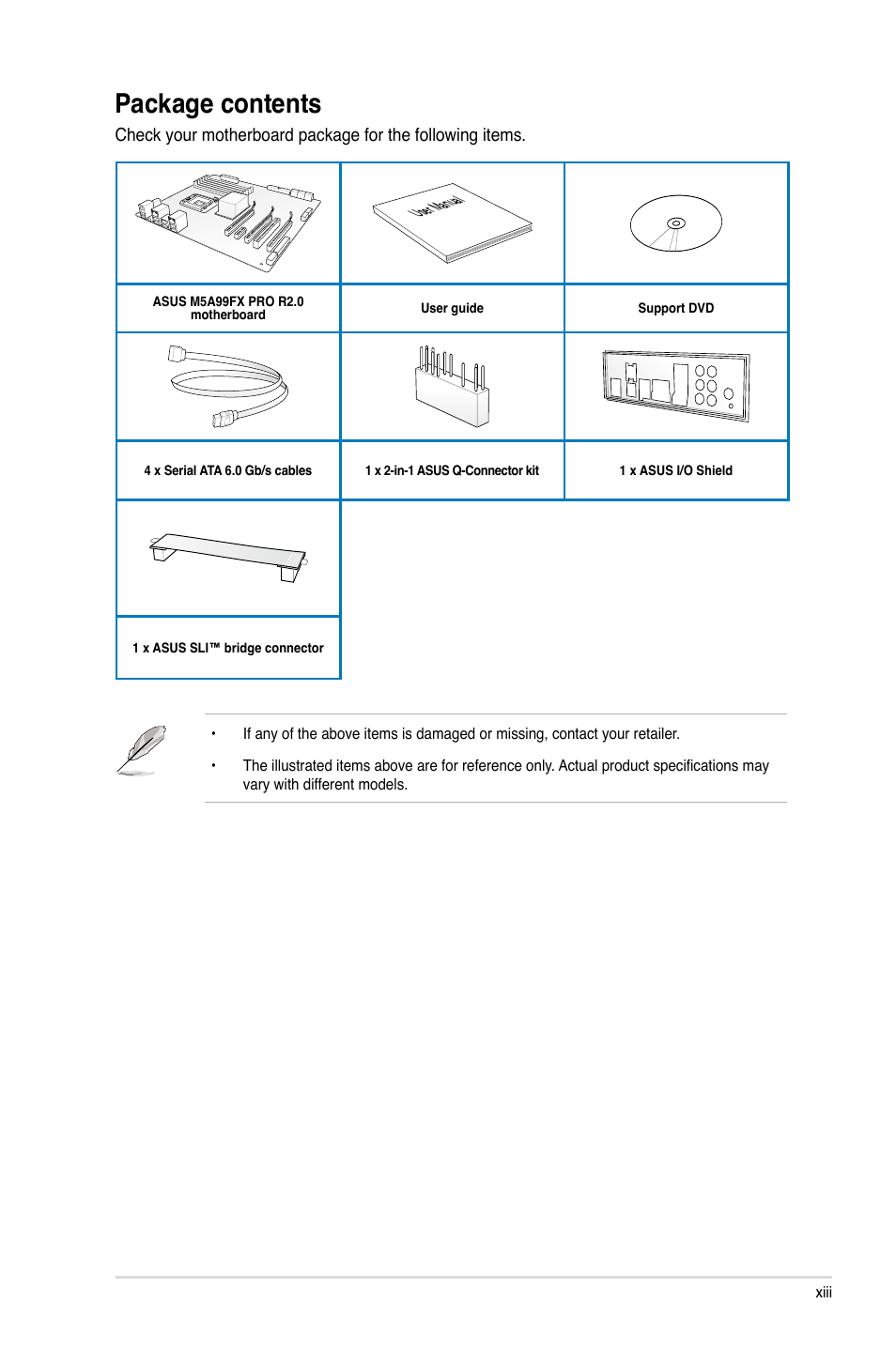 Package contents | Asus M5A99FX PRO R2.0 User Manual | Page 13 / 178