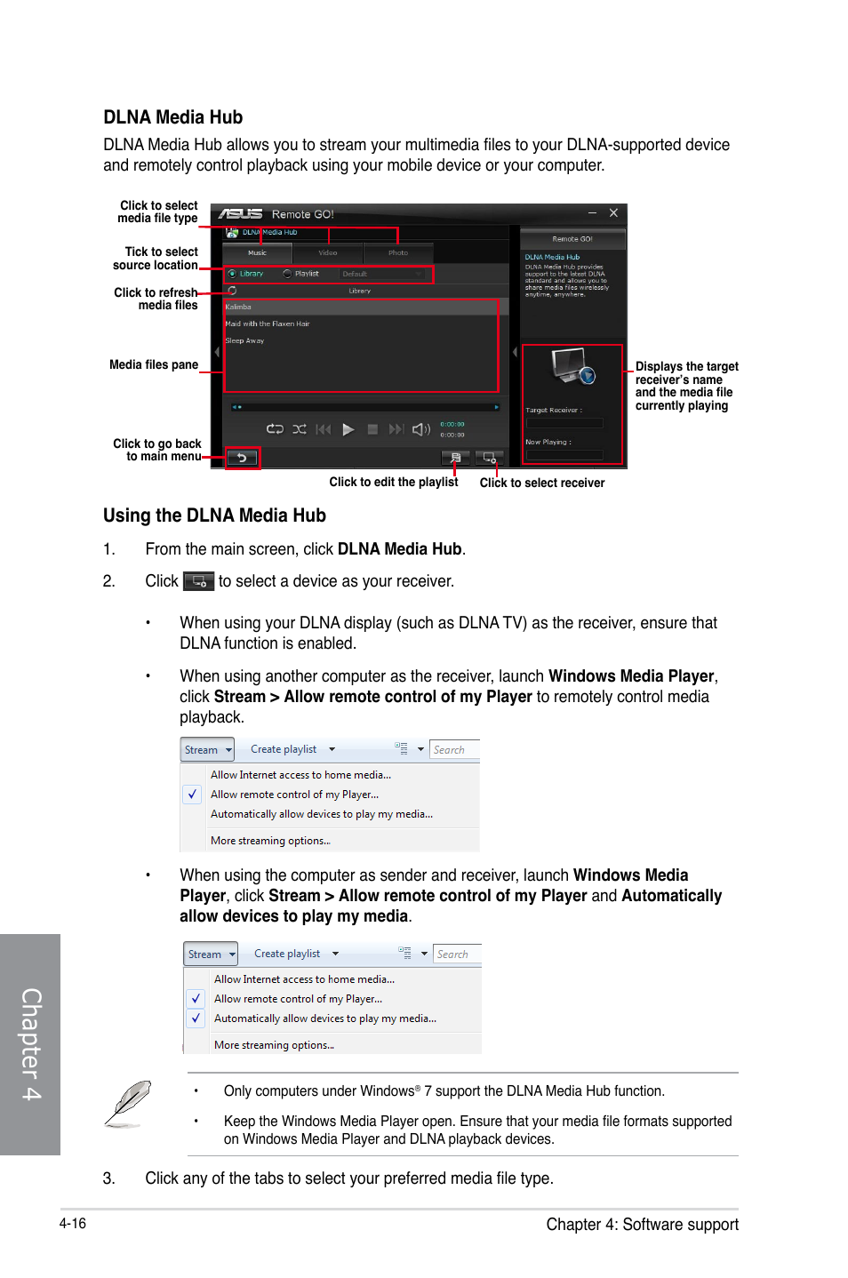 Chapter 4, Using the dlna media hub, Dlna media hub | Asus M5A99FX PRO R2.0 User Manual | Page 130 / 178