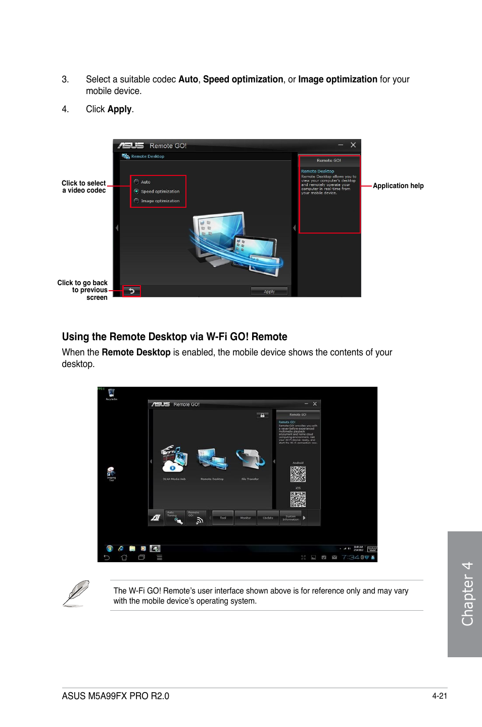 Chapter 4, Using the remote desktop via w-fi go! remote | Asus M5A99FX PRO R2.0 User Manual | Page 135 / 178