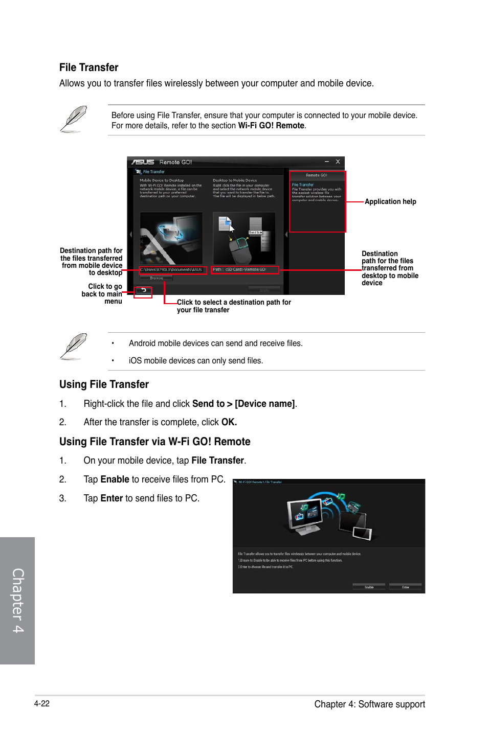 Chapter 4, File transfer, Using file transfer via w-fi go! remote | Using file transfer | Asus M5A99FX PRO R2.0 User Manual | Page 136 / 178