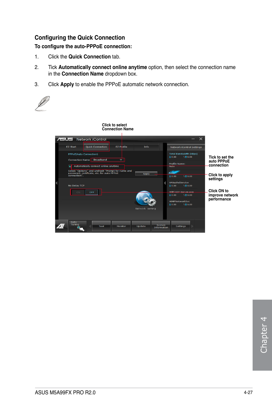 Chapter 4, Configuring the quick connection | Asus M5A99FX PRO R2.0 User Manual | Page 141 / 178