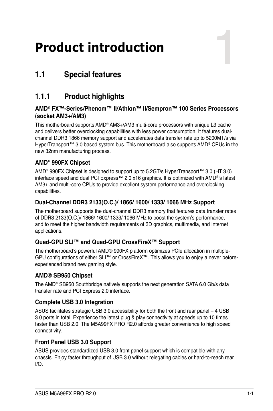 Product introduction, 1 special features, 1 product highlights | Special features -1 1.1.1, Product highlights -1, Chapter 1 | Asus M5A99FX PRO R2.0 User Manual | Page 15 / 178