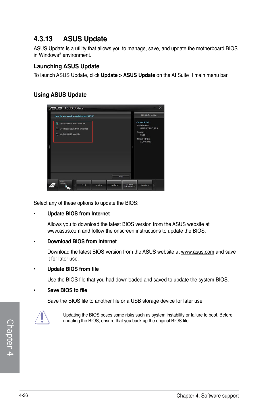 13 asus update, Asus update -36, Chapter 4 | Asus M5A99FX PRO R2.0 User Manual | Page 150 / 178