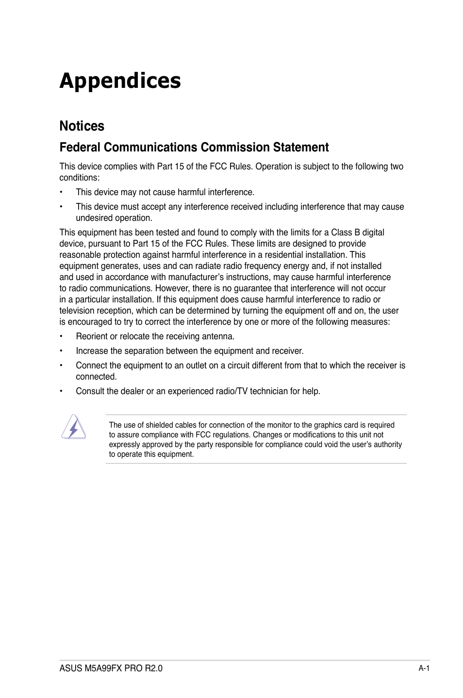 Appendices, Notices, Federal communications commission statement | Asus M5A99FX PRO R2.0 User Manual | Page 173 / 178