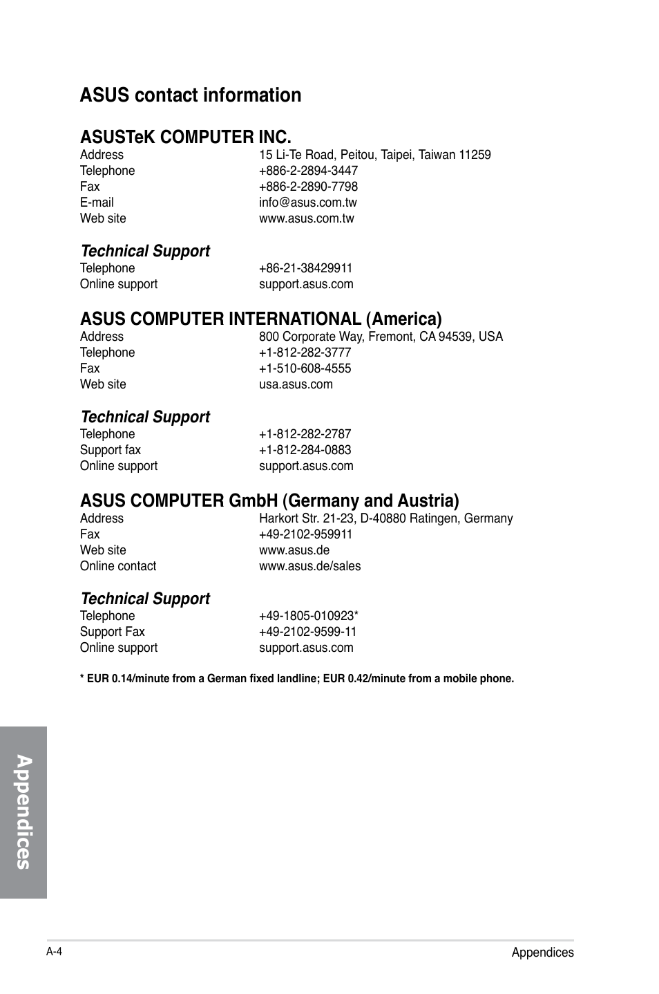 Asus contact information, Appendices asus contact information, Asustek computer inc | Asus computer international (america), Asus computer gmbh (germany and austria), Technical support | Asus M5A99FX PRO R2.0 User Manual | Page 176 / 178