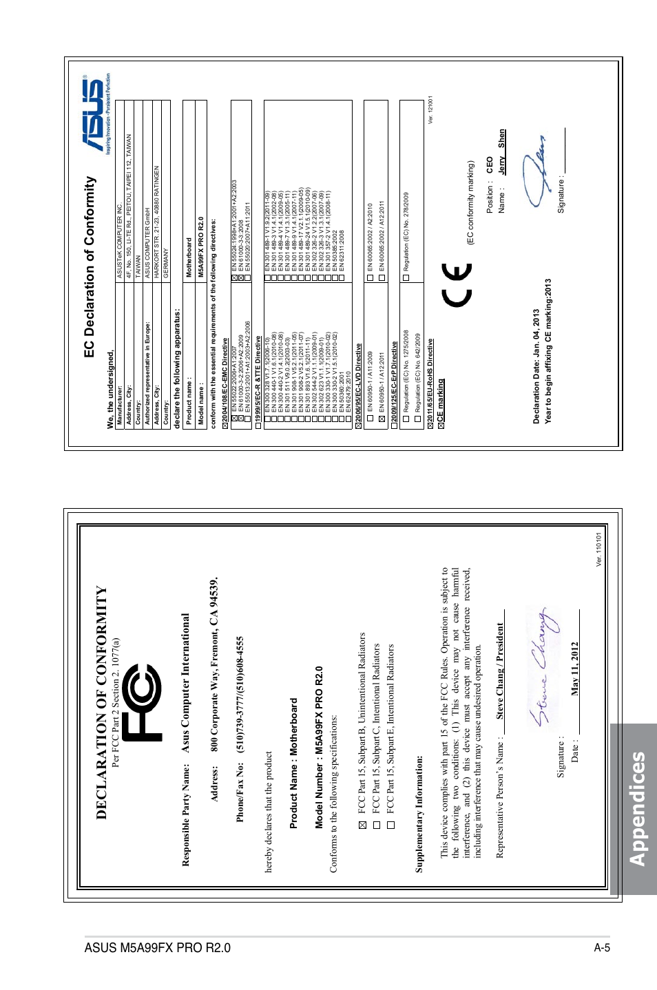 Appendices, Declaration of conformity, Ec declaration of conformity | Asu s c om pu te r in te rn at io na l | Asus M5A99FX PRO R2.0 User Manual | Page 177 / 178