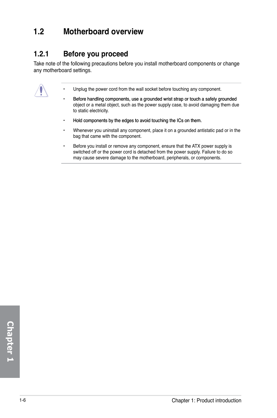 2 motherboard overview, 1 before you proceed, Motherboard overview -6 1.2.1 | Before you proceed -6, Chapter 1 1.2 motherboard overview | Asus M5A99FX PRO R2.0 User Manual | Page 20 / 178