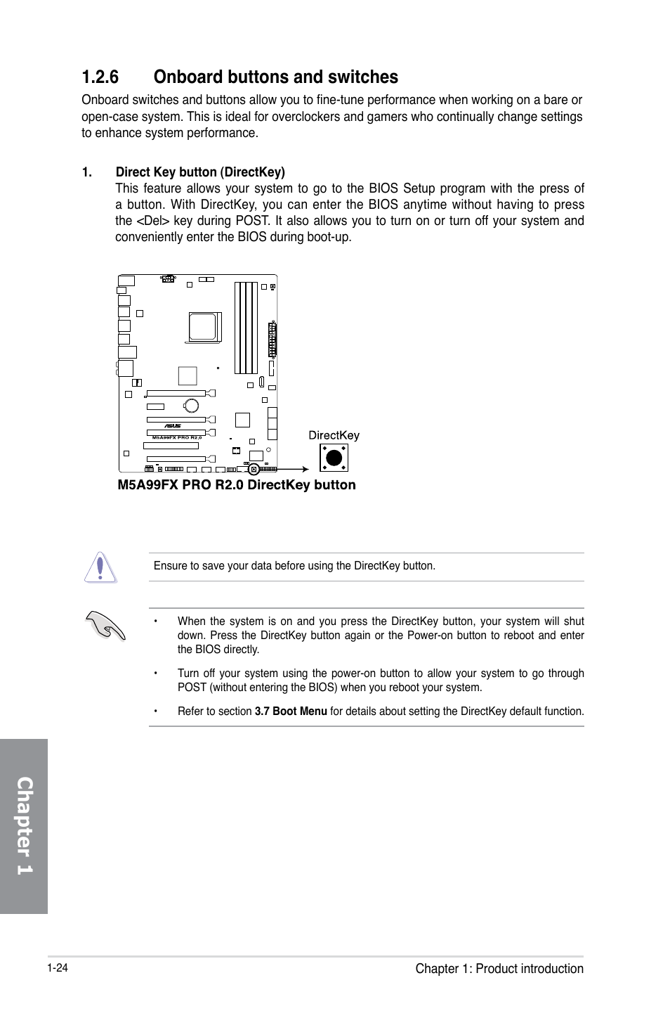 6 onboard buttons and switches, Onboard buttons and switches -24, Chapter 1 | Asus M5A99FX PRO R2.0 User Manual | Page 38 / 178