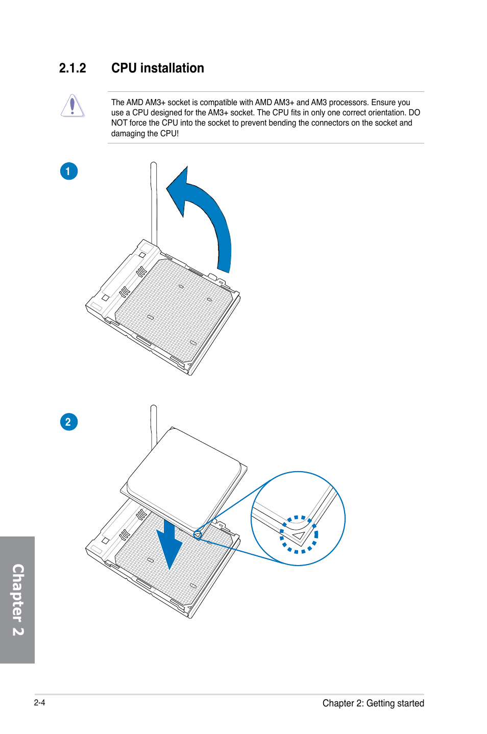 2 cpu installation, Cpu installation -4, Chapter 2 | Asus M5A99FX PRO R2.0 User Manual | Page 56 / 178
