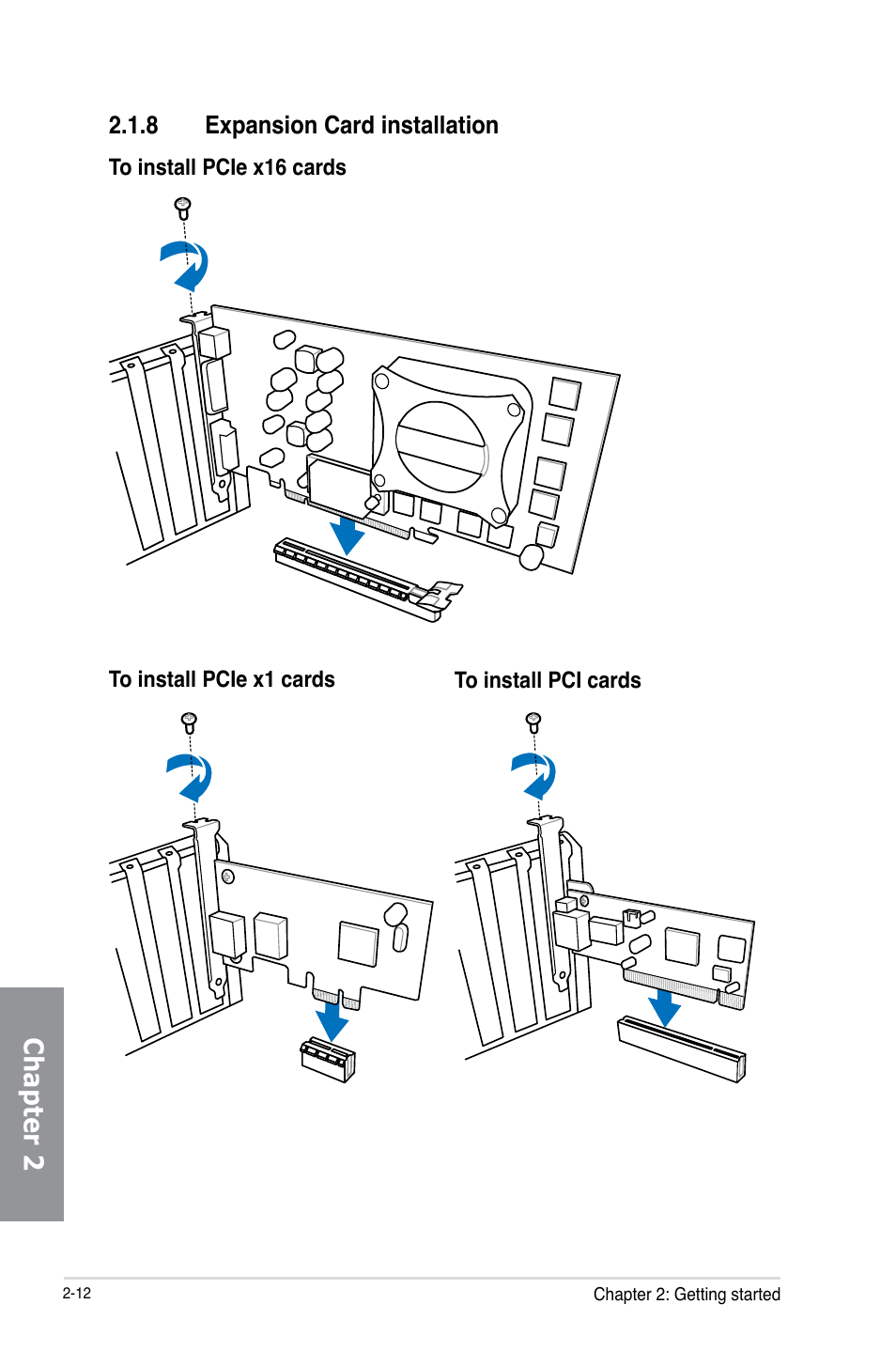 8 expansion card installation, Expansion card installation -12, Chapter 2 | Asus M5A99FX PRO R2.0 User Manual | Page 64 / 178