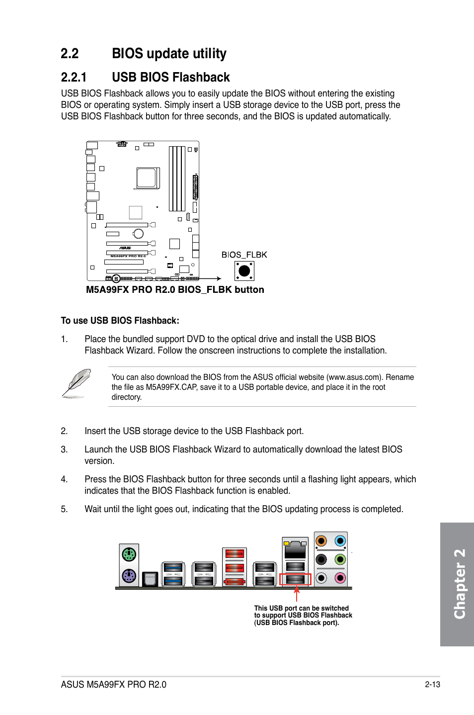 2 bios update utility, 1 usb bios flashback, Bios update utility -13 2.2.1 | Usb bios flashback -13, Chapter 2 2.2 bios update utility | Asus M5A99FX PRO R2.0 User Manual | Page 65 / 178